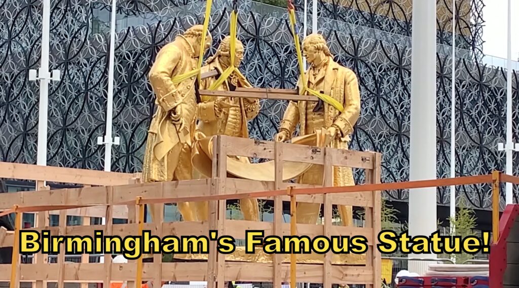 Birmingham's famous statue of three industrialists Matthew Boulton, James Watt and William Murdoch has been returned to Centenary Square.